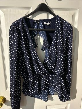 emory park Navy and White Polka Dot Wrap-Style Blouse